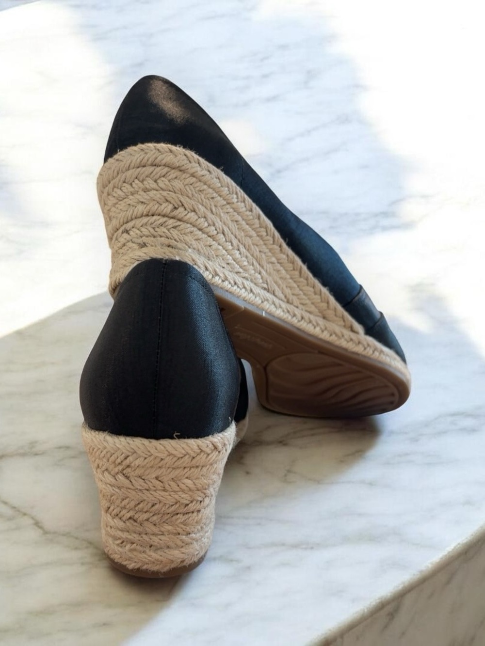 Easy Street Black Peep Toe Espadrille Wedge Pumps